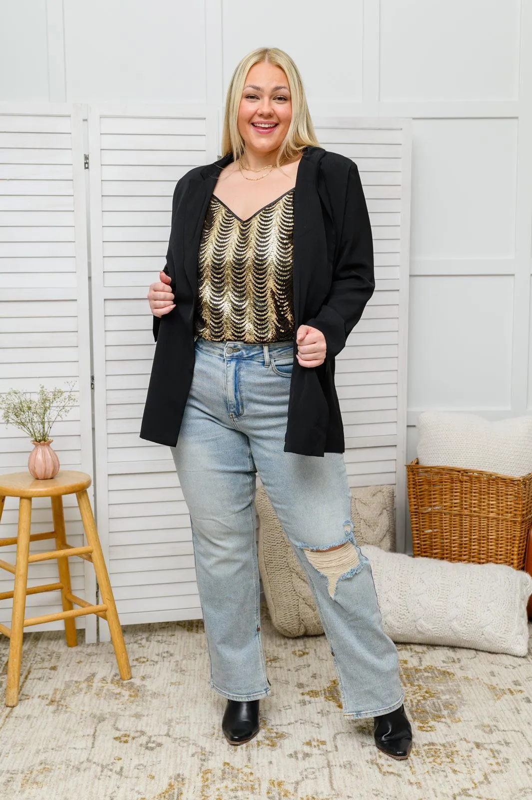 Hazel Blues® | Stayin' Alive V-Neck Sequin Tank in Gold