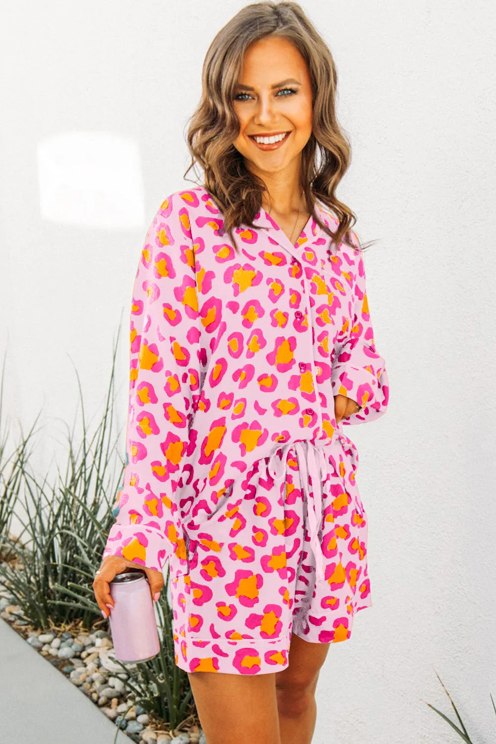 Julia, Leopard Long Sleeve Shirt and Shorts Pajama Set