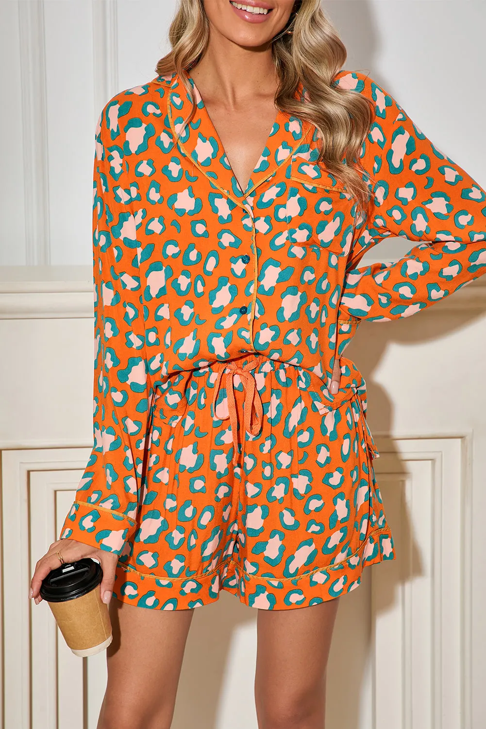 Julia, Leopard Long Sleeve Shirt and Shorts Pajama Set