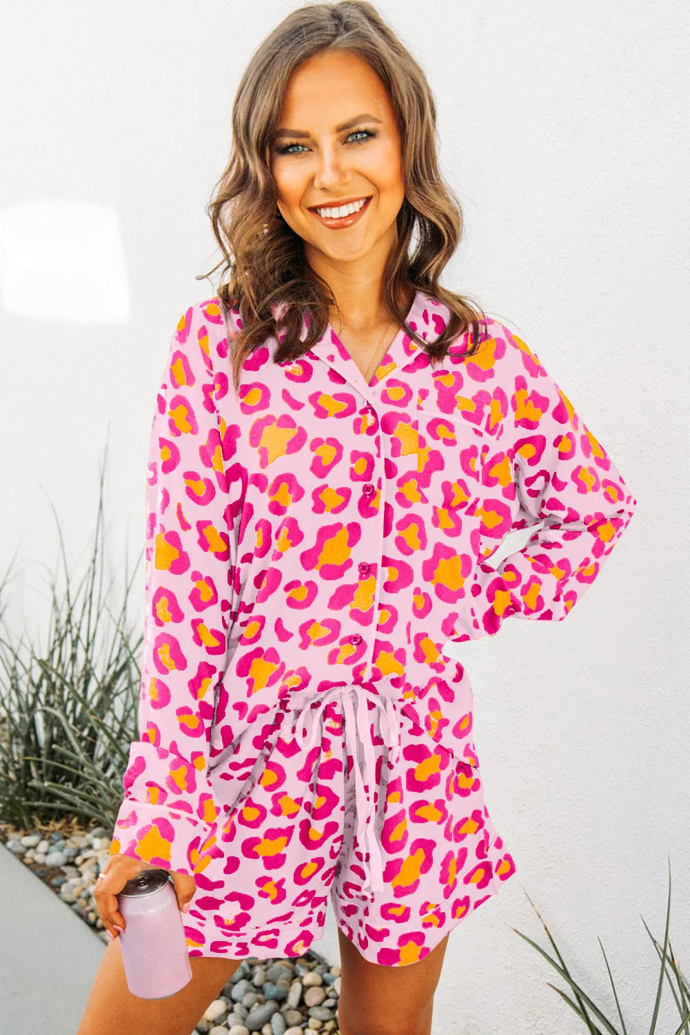 Julia, Leopard Long Sleeve Shirt and Shorts Pajama Set