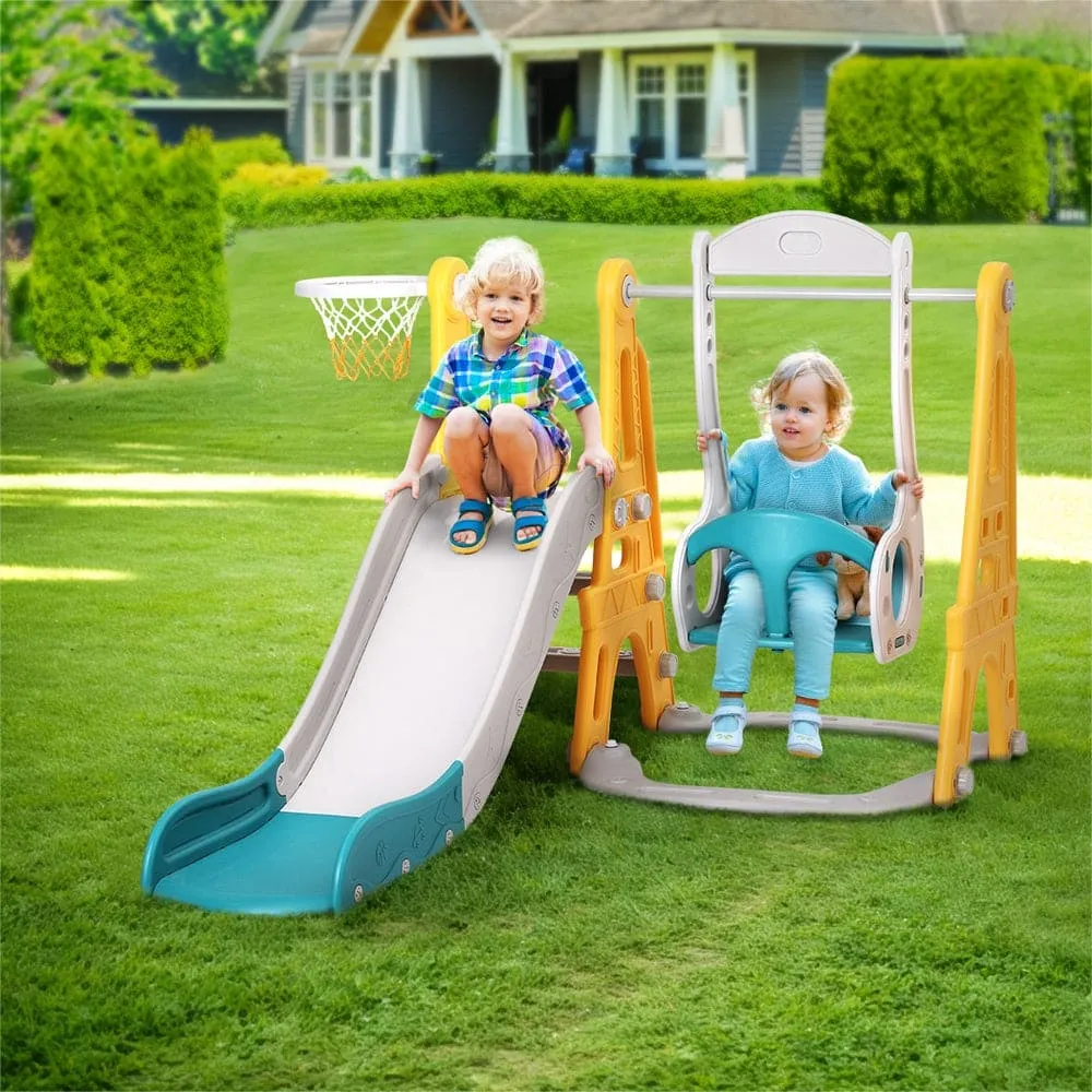 Keezi Kids Slide Swing Set Basketball Outdoor Toys Adjustable Height 140cm Green - ONLINE ONLY