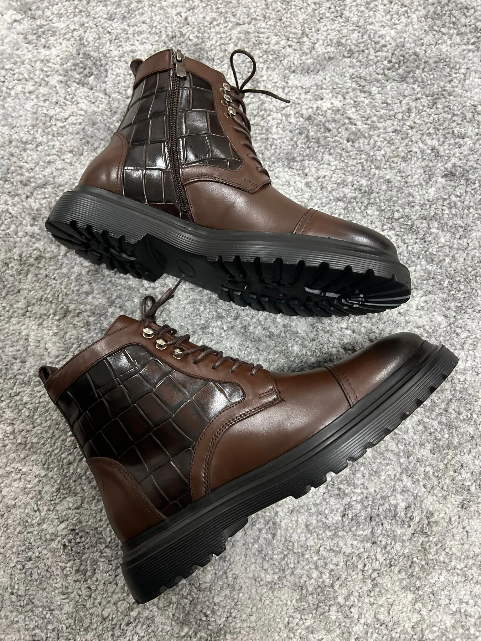 Lenzi Special Edition Zippered Croc Theme Leather Brown Boots