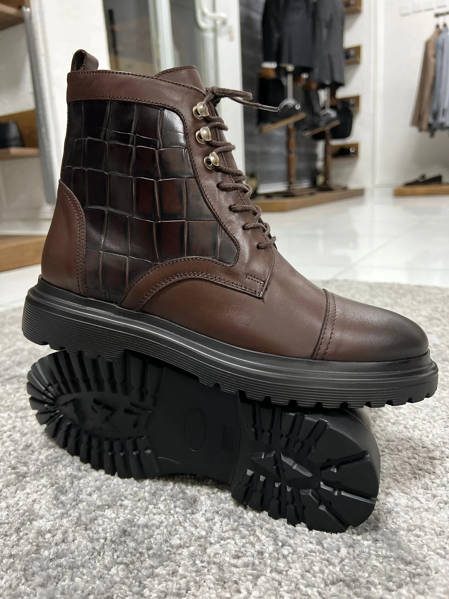 Lenzi Special Edition Zippered Croc Theme Leather Brown Boots