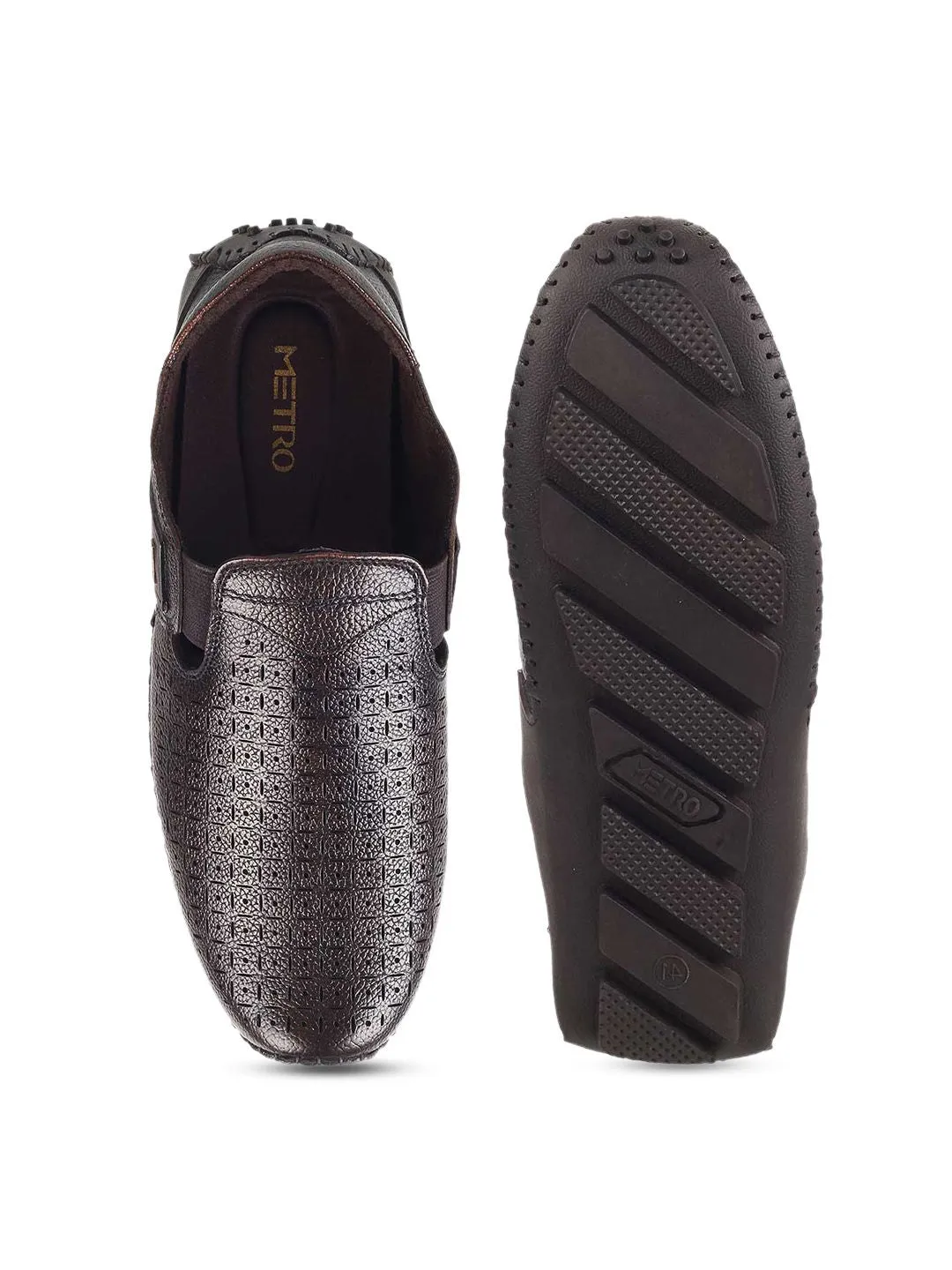 Metro Men Brown Textured Leather Loafers