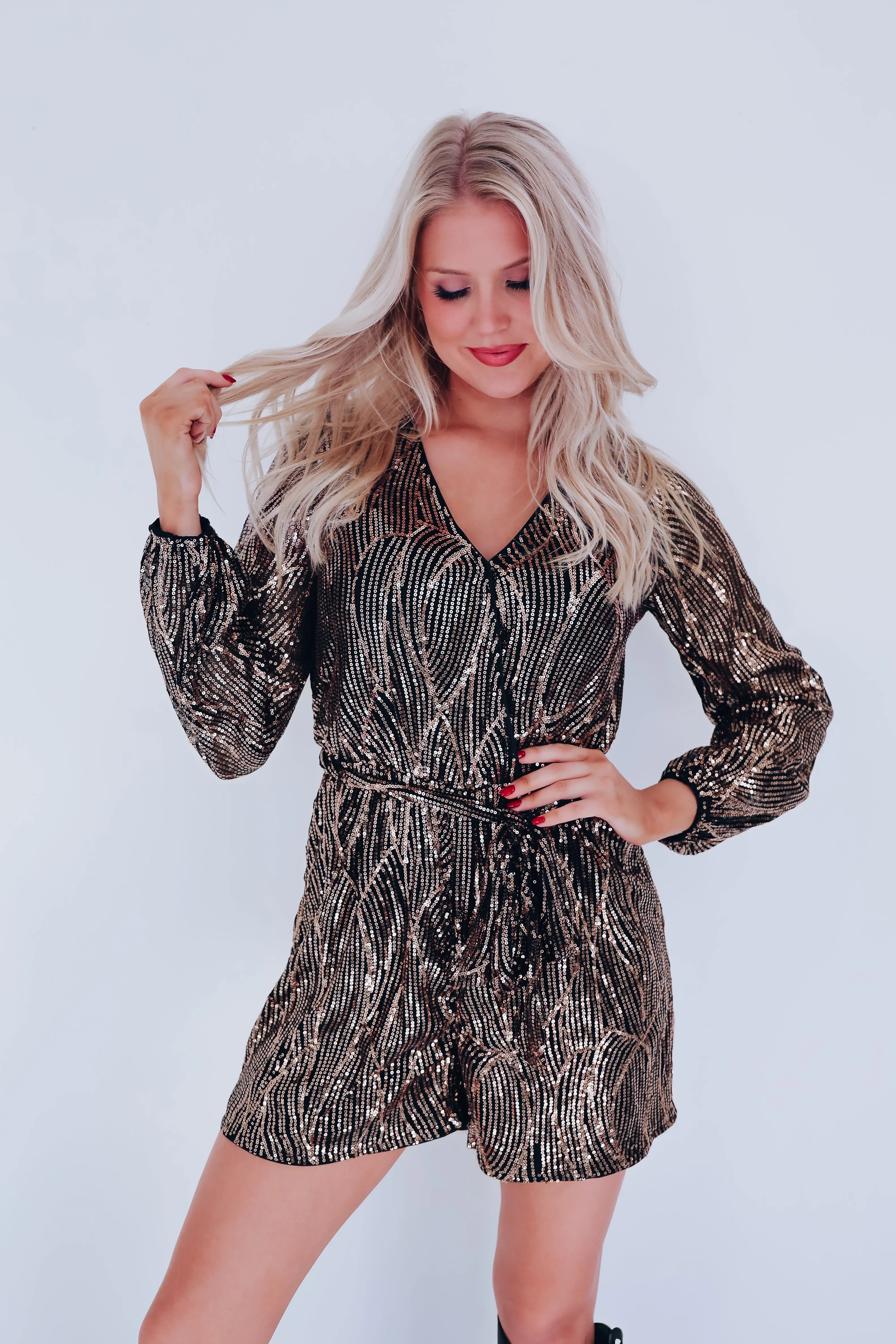 Midas Surplice Sequin Romper - Rose Gold