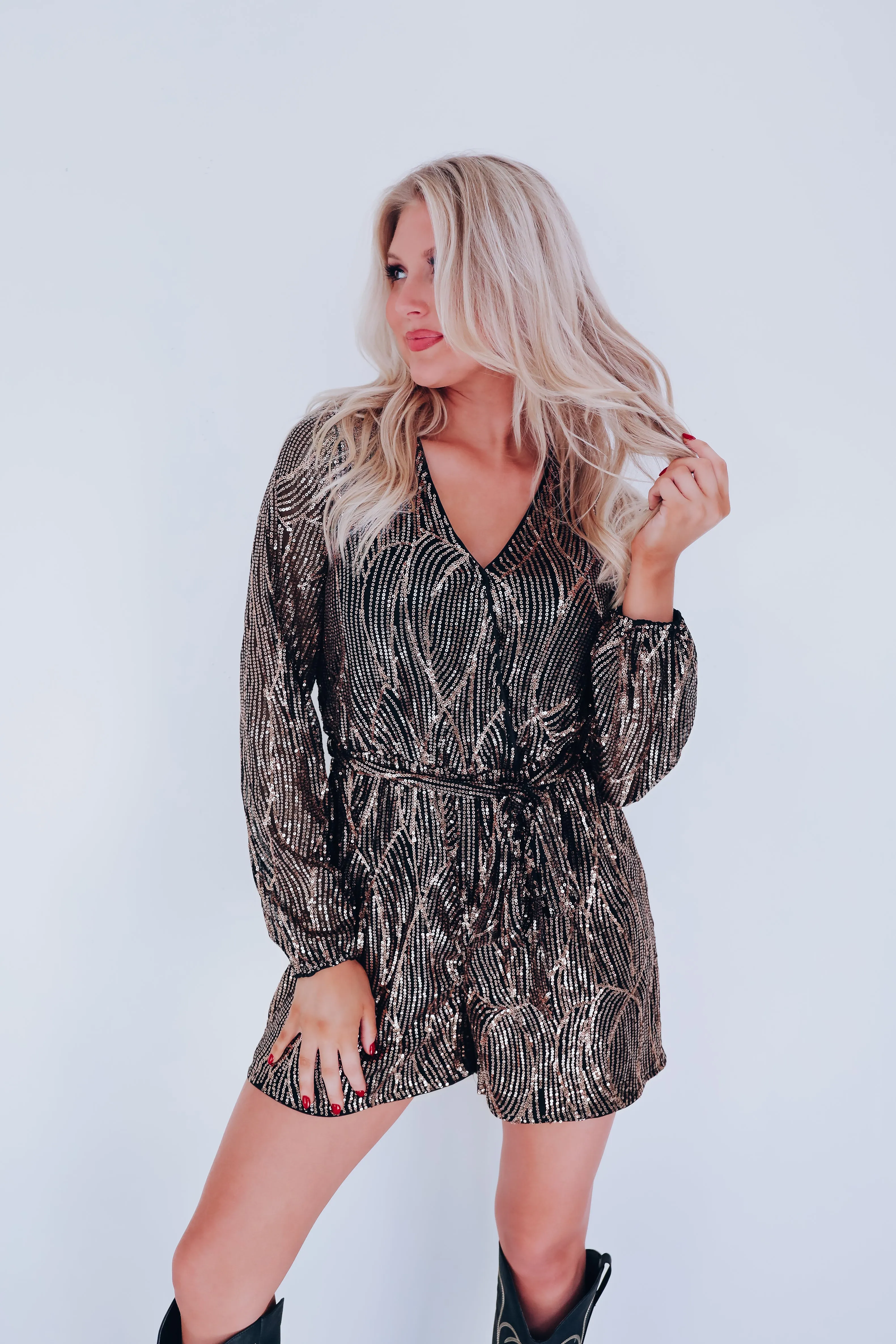 Midas Surplice Sequin Romper - Rose Gold