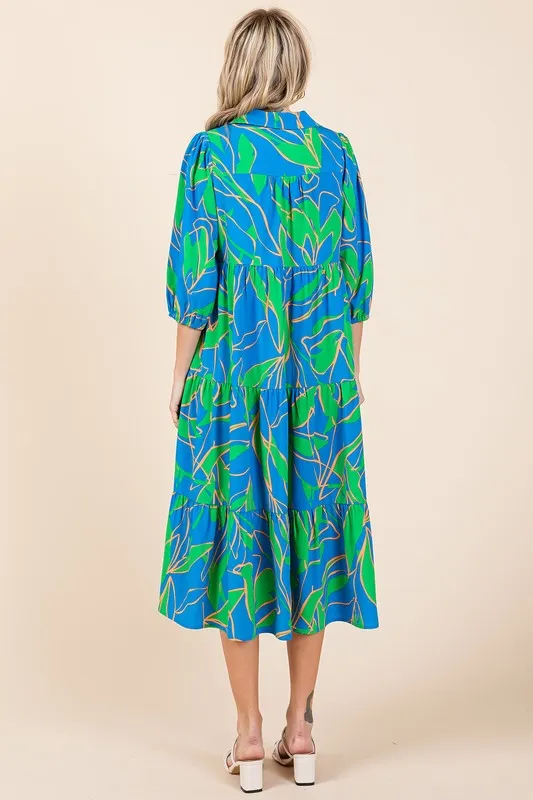 Mittoshop Tiered Printed Collared Neck Midi Dress