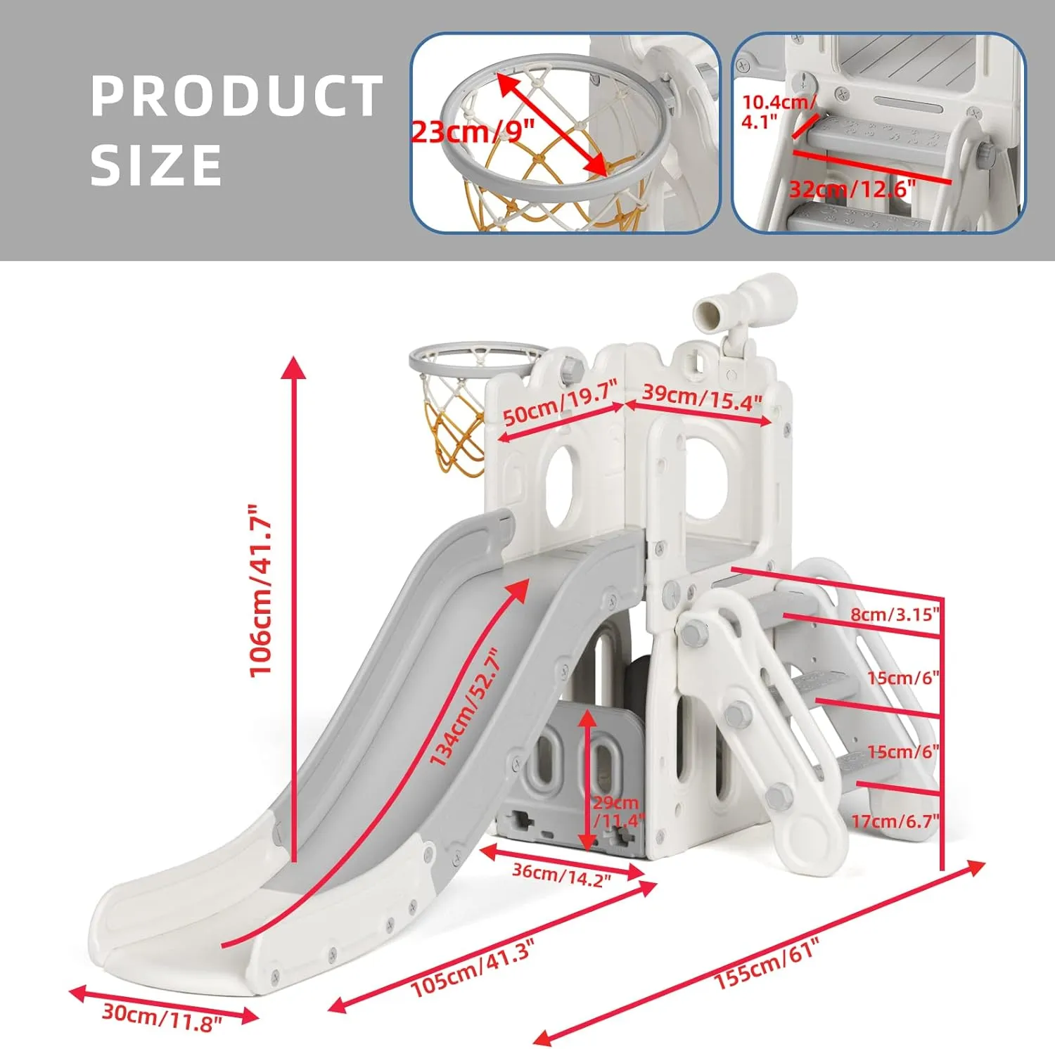 Montessori Castle | Slide Set | Basketball Hoop | Bridge | Indoor or Outdoor | Storage | Beige or Blue