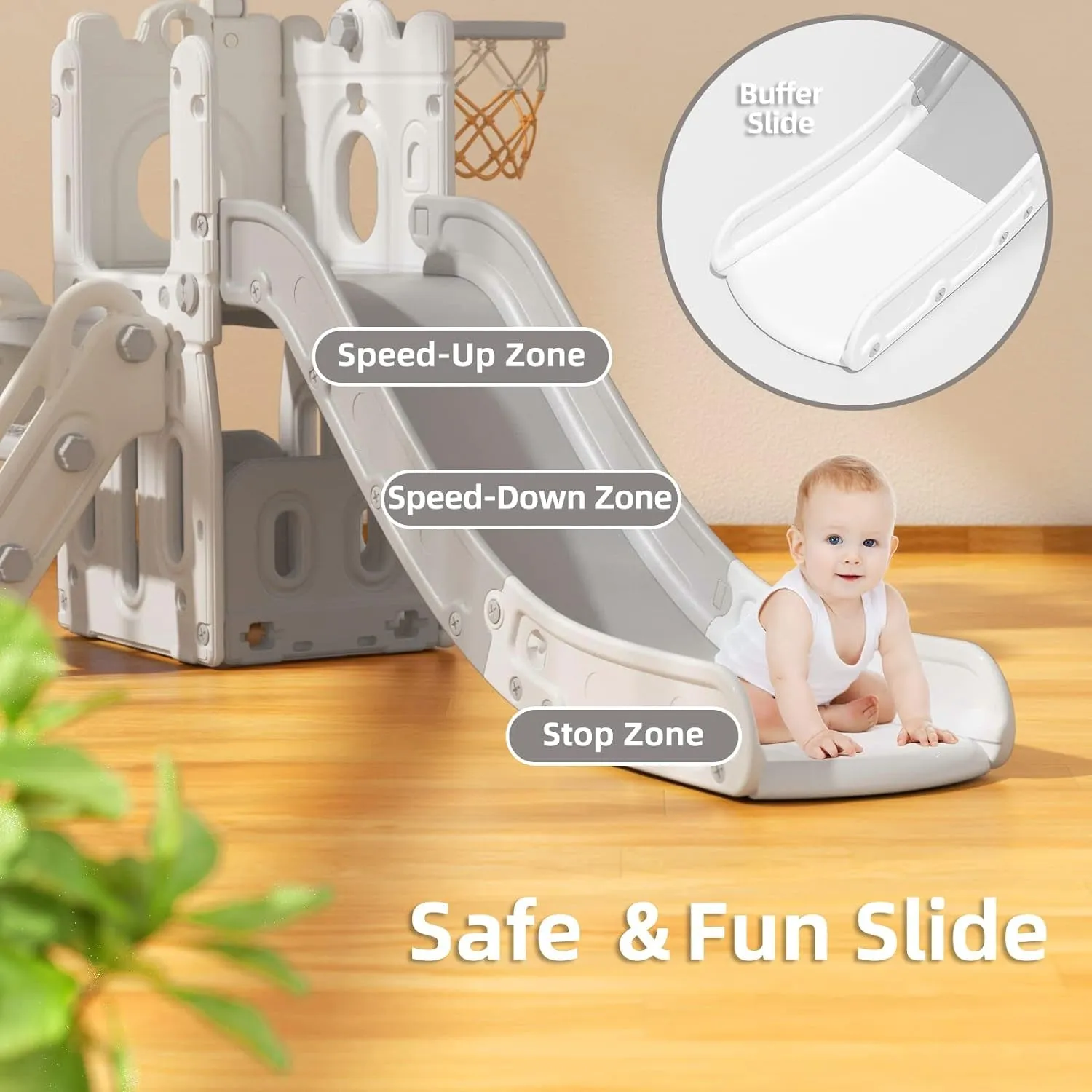 Montessori Castle | Slide Set | Basketball Hoop | Bridge | Indoor or Outdoor | Storage | Beige or Blue