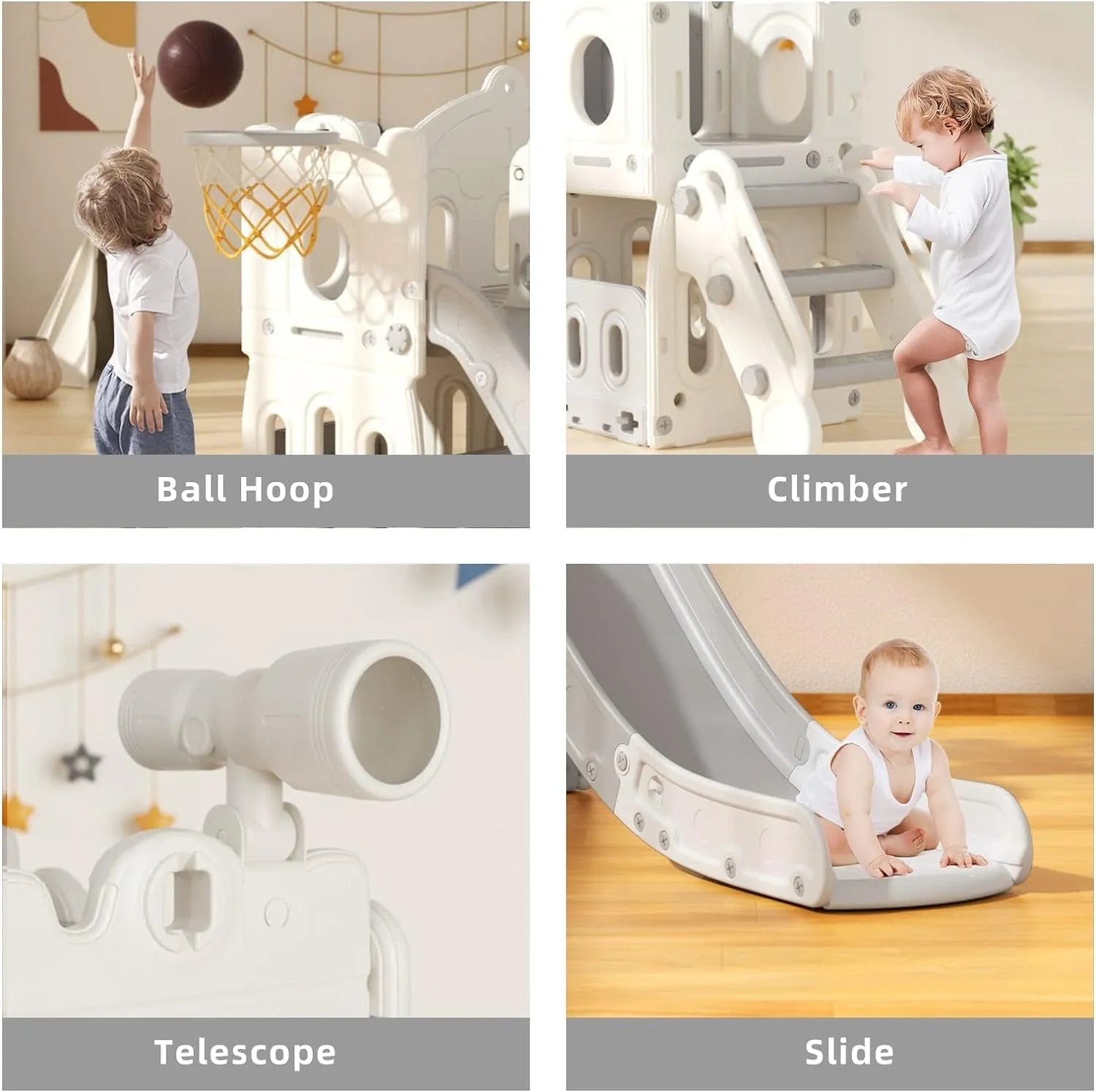Montessori Castle | Slide Set | Basketball Hoop | Bridge | Indoor or Outdoor | Storage | Beige or Blue
