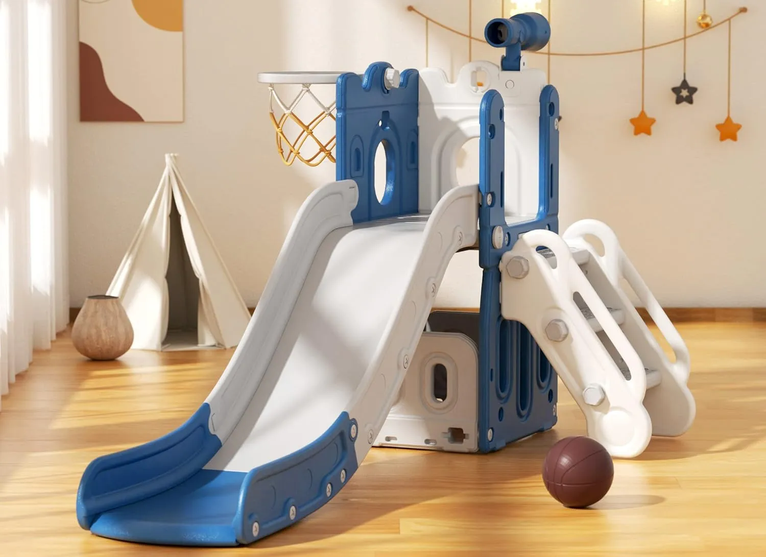 Montessori Castle | Slide Set | Basketball Hoop | Bridge | Indoor or Outdoor | Storage | Beige or Blue
