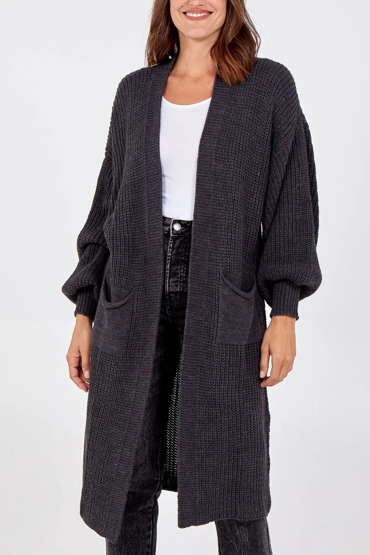 Open Front Balloon Long Sleeve Cardigan