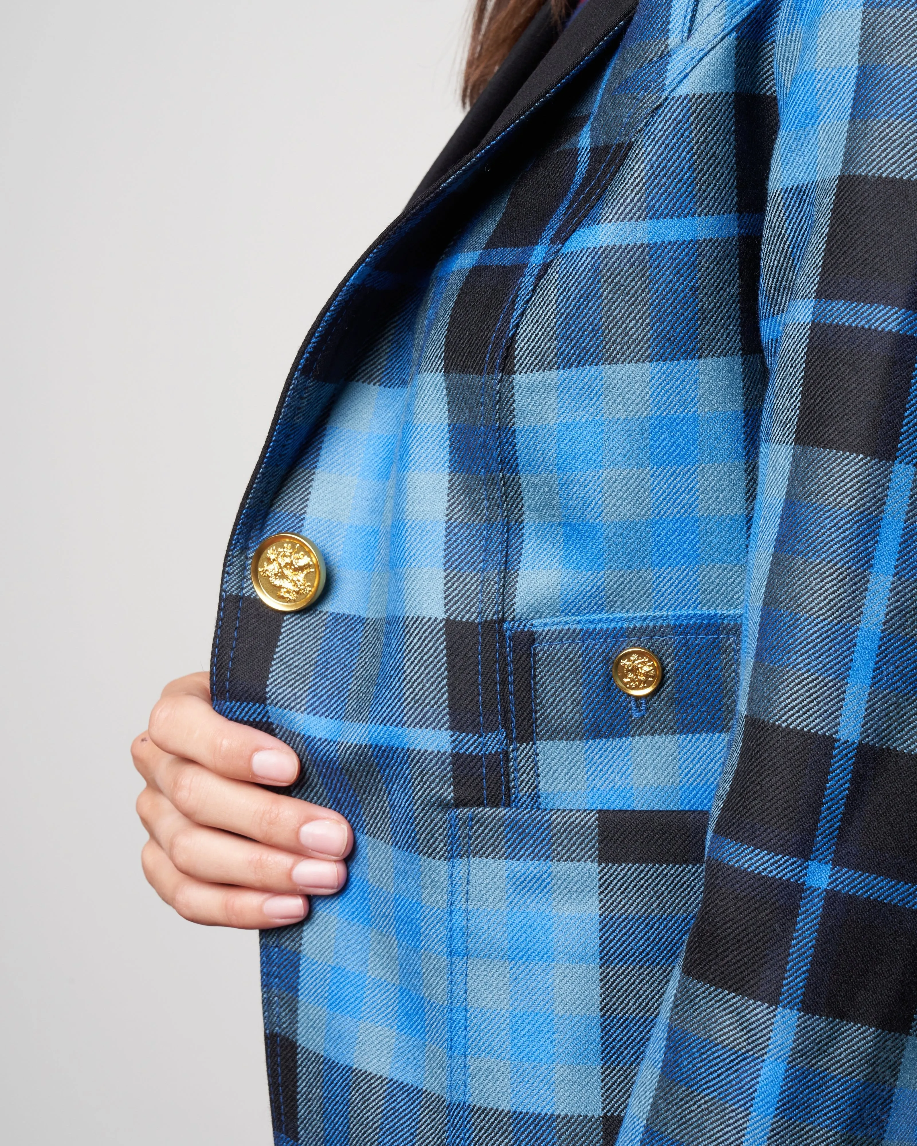 patch pocket duchess blazer w/ blocked lapel - blue tartan w/ black
