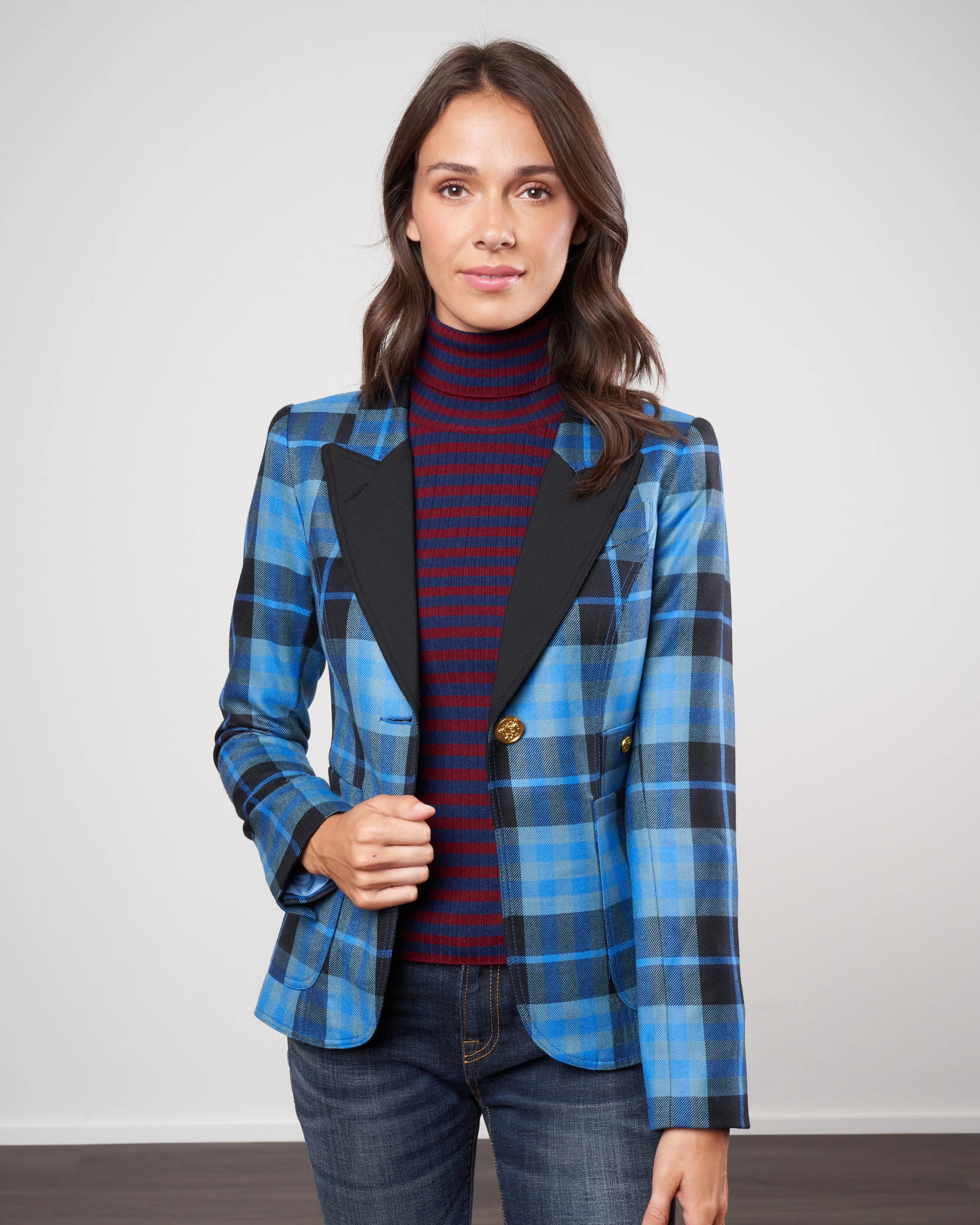 patch pocket duchess blazer w/ blocked lapel - blue tartan w/ black