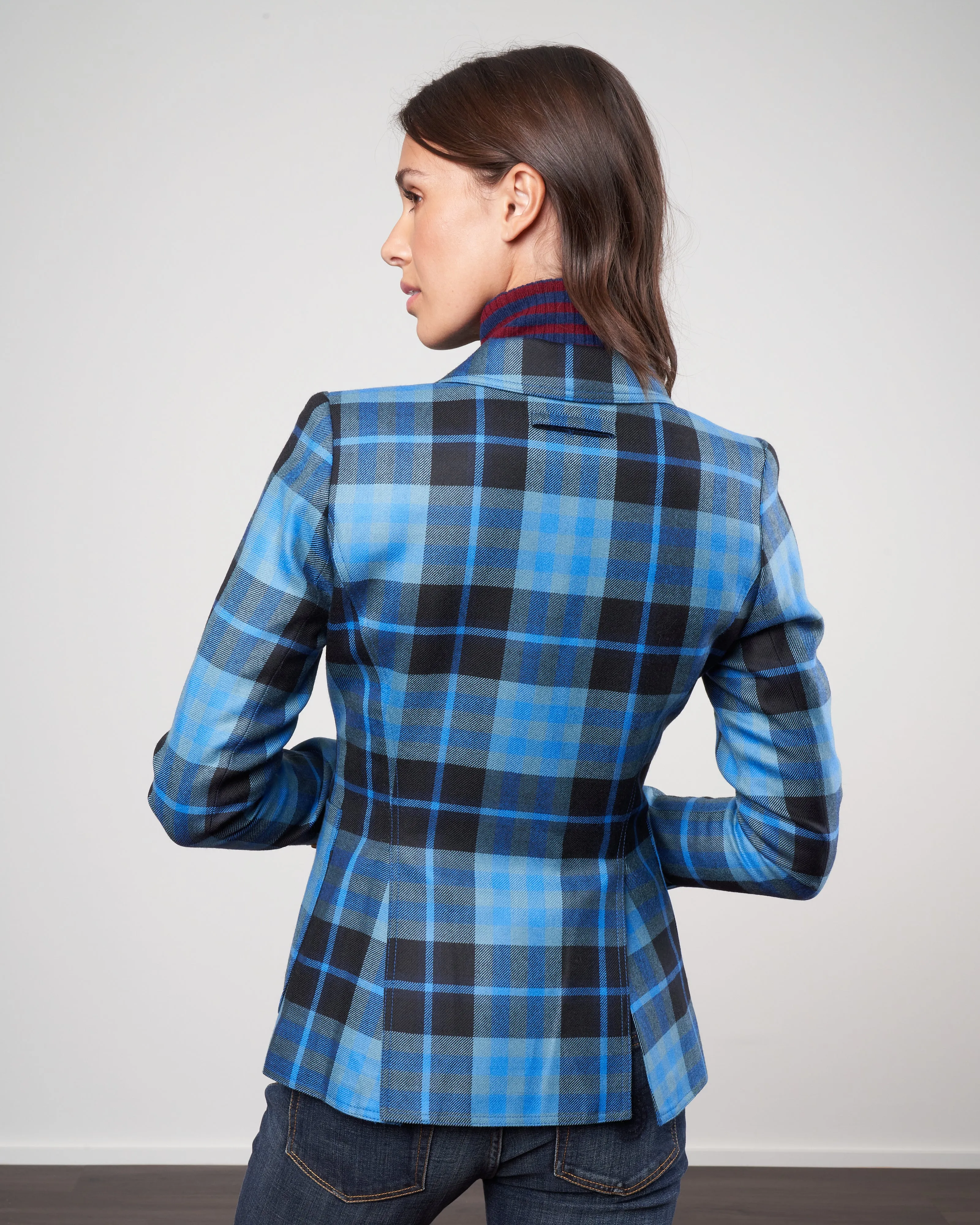patch pocket duchess blazer w/ blocked lapel - blue tartan w/ black