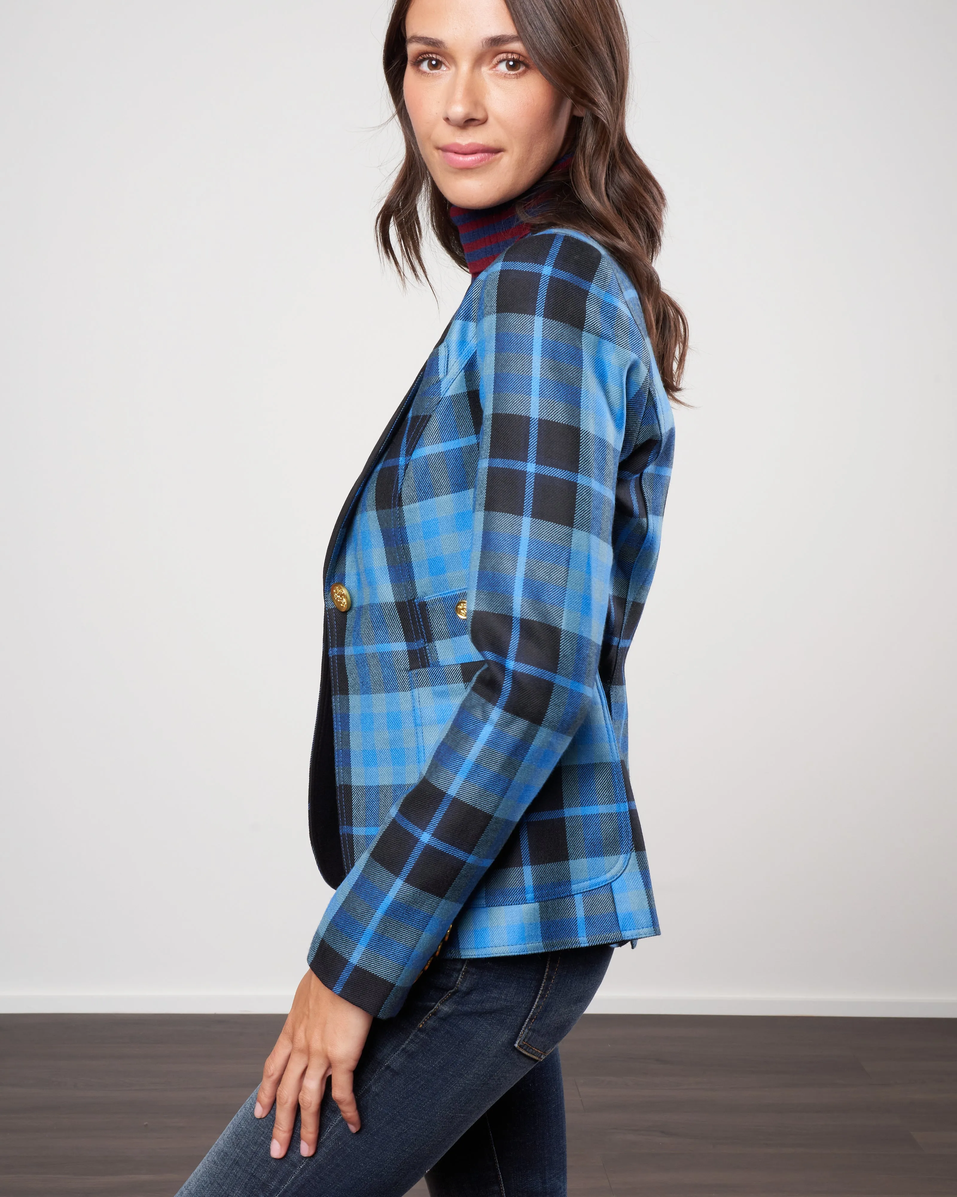 patch pocket duchess blazer w/ blocked lapel - blue tartan w/ black