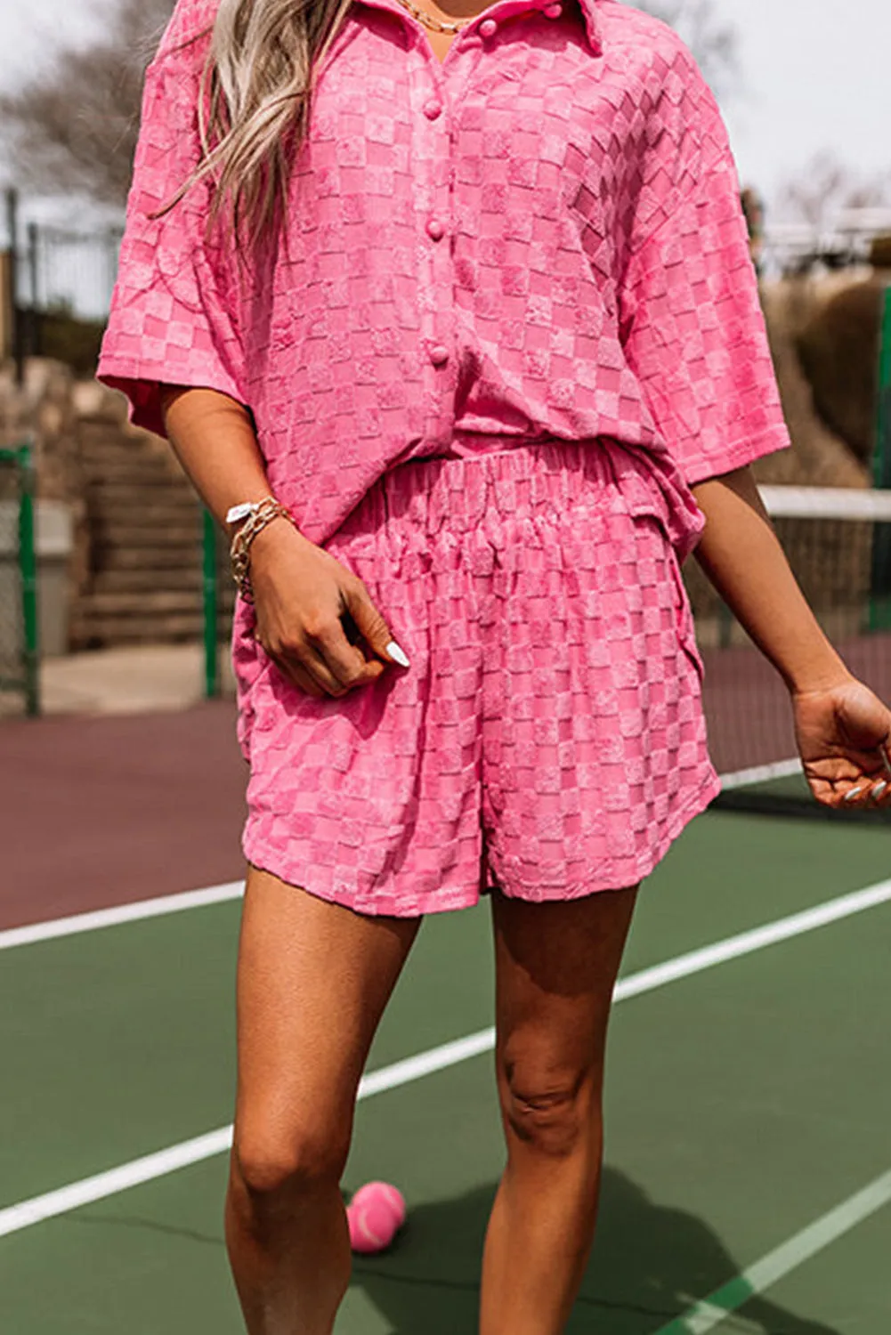 Peach Blossom Plus Size Checkered Terry Knit Short 2pcs Outfit