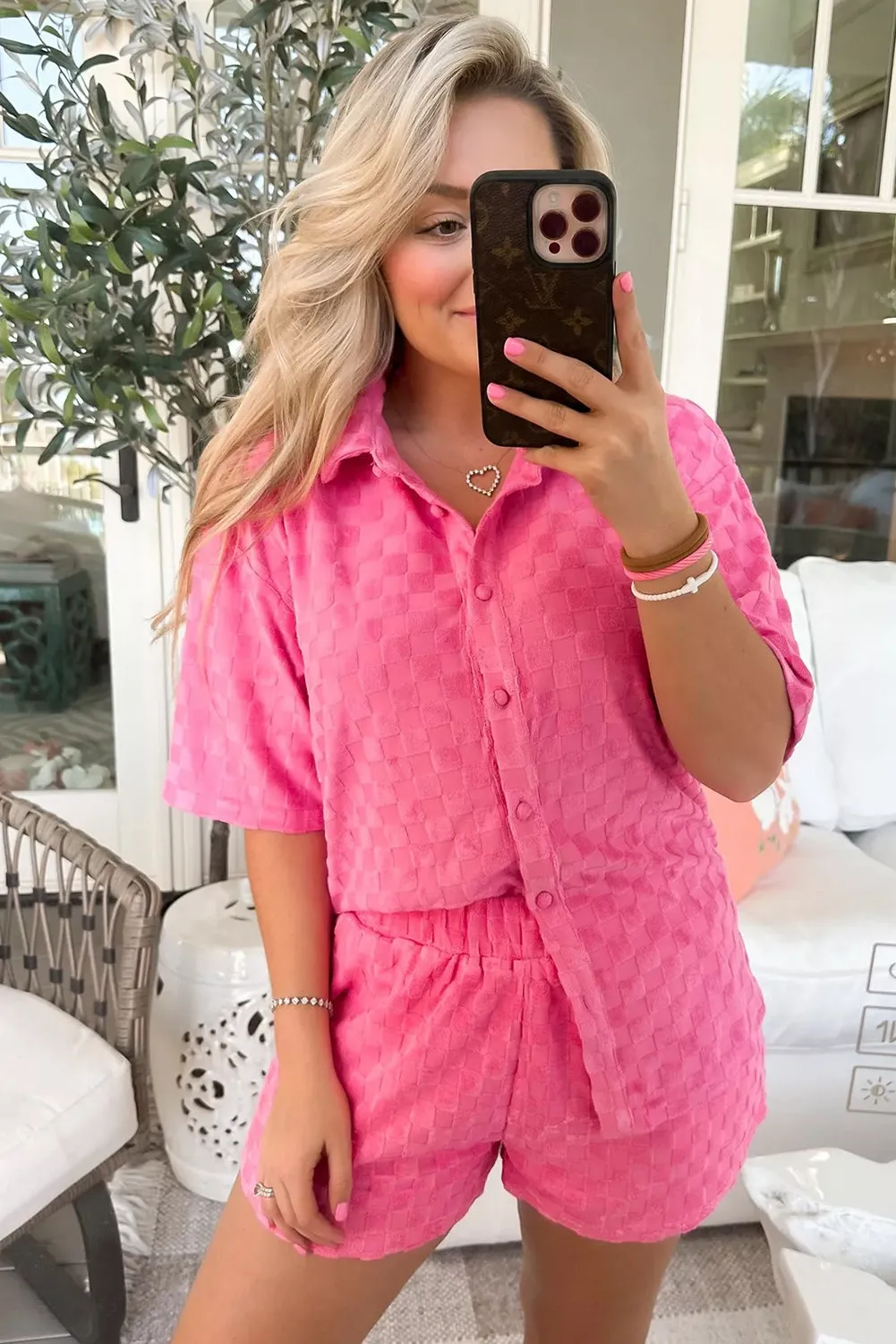 Peach Blossom Plus Size Checkered Terry Knit Short 2pcs Outfit