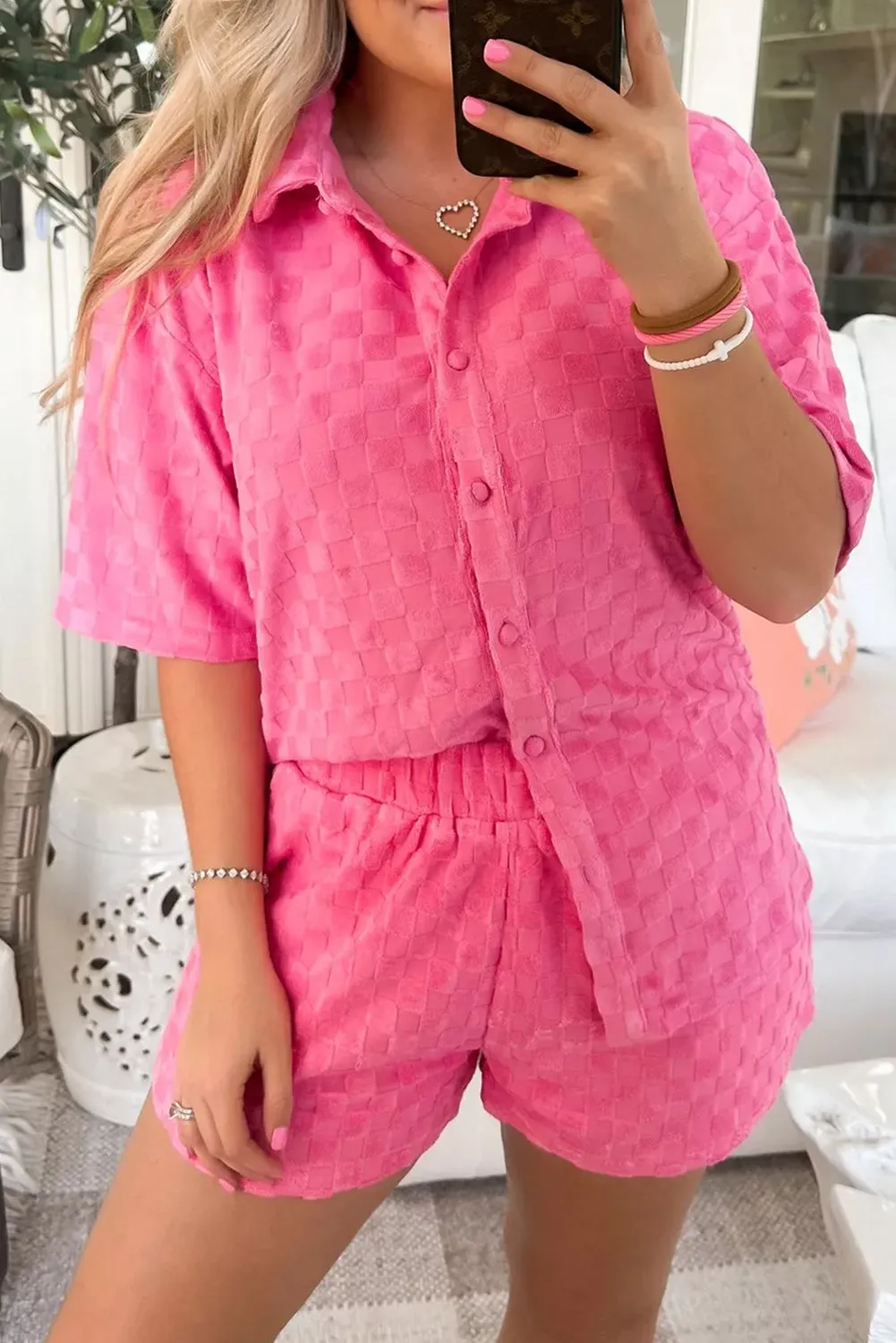 Peach Blossom Plus Size Checkered Terry Knit Short 2pcs Outfit