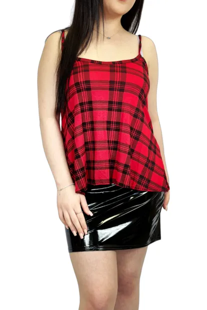 Red Tartan Print Plain Swing Cami Vest Top