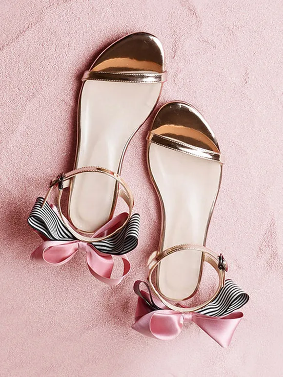 ROCOCO Style Lolita Sandals Bows Round Toe PU Leather Silver Lolita Summer Shoes