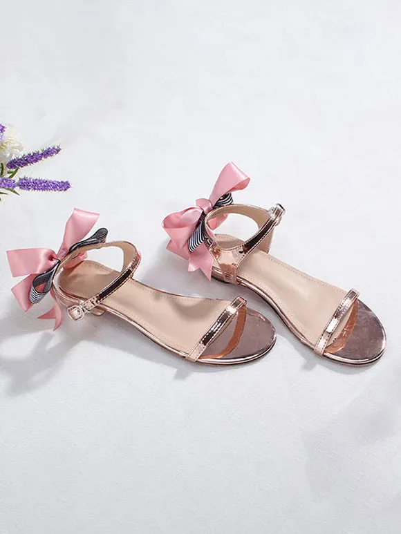 ROCOCO Style Lolita Sandals Bows Round Toe PU Leather Silver Lolita Summer Shoes