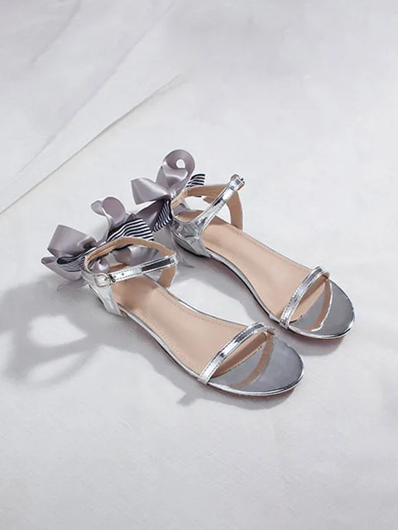 ROCOCO Style Lolita Sandals Bows Round Toe PU Leather Silver Lolita Summer Shoes