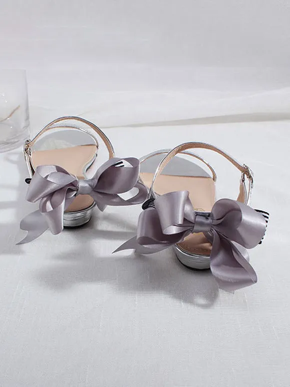 ROCOCO Style Lolita Sandals Bows Round Toe PU Leather Silver Lolita Summer Shoes
