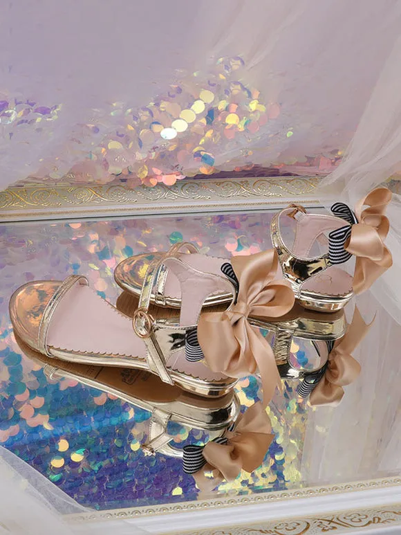 ROCOCO Style Lolita Sandals Bows Round Toe PU Leather Silver Lolita Summer Shoes