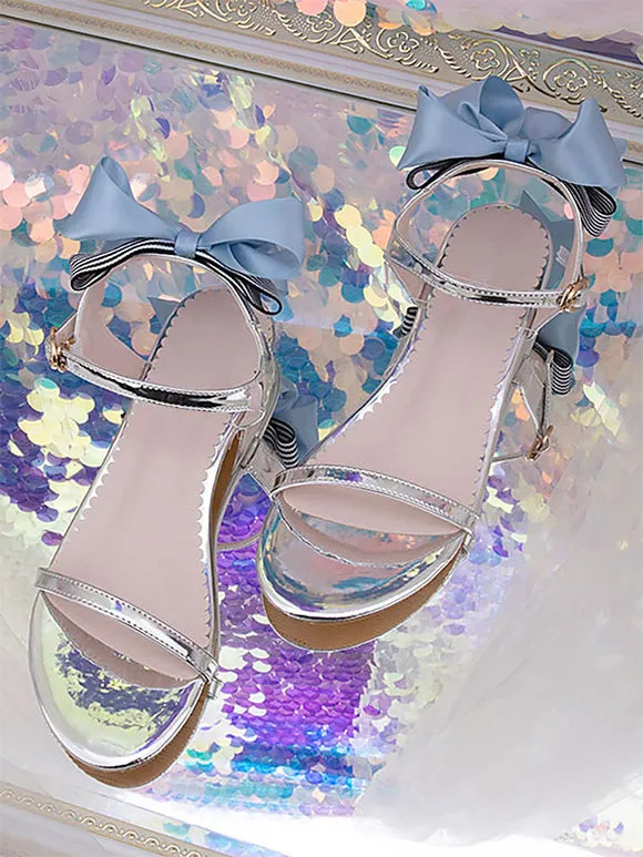 ROCOCO Style Lolita Sandals Bows Round Toe PU Leather Silver Lolita Summer Shoes