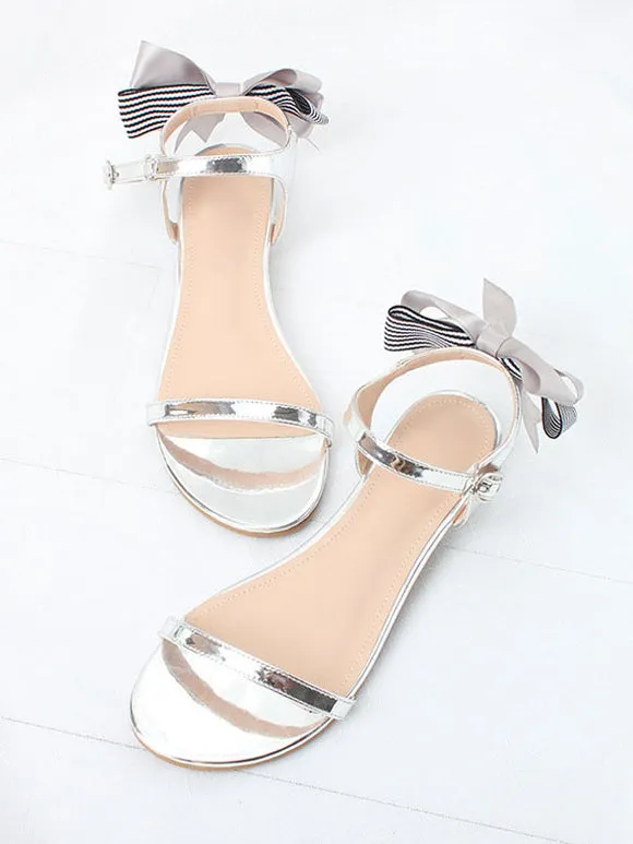 ROCOCO Style Lolita Sandals Bows Round Toe PU Leather Silver Lolita Summer Shoes