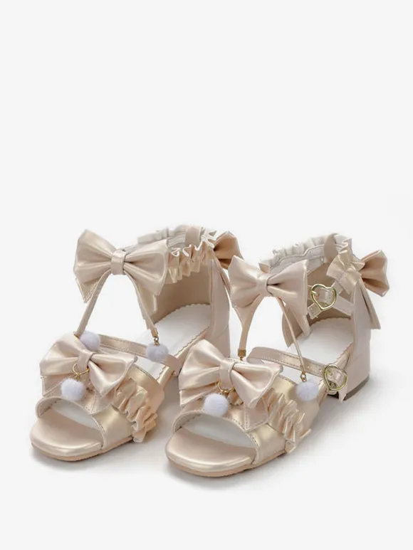 ROCOCO Style Lolita Sandals Ecru White Bows Pleated PU Leather Square Toe Lolita Summer Shoes