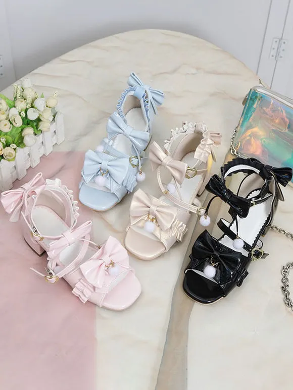 ROCOCO Style Lolita Sandals Ecru White Bows Pleated PU Leather Square Toe Lolita Summer Shoes