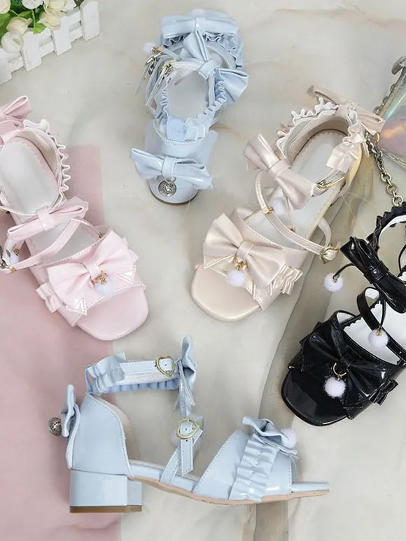 ROCOCO Style Lolita Sandals Ecru White Bows Pleated PU Leather Square Toe Lolita Summer Shoes