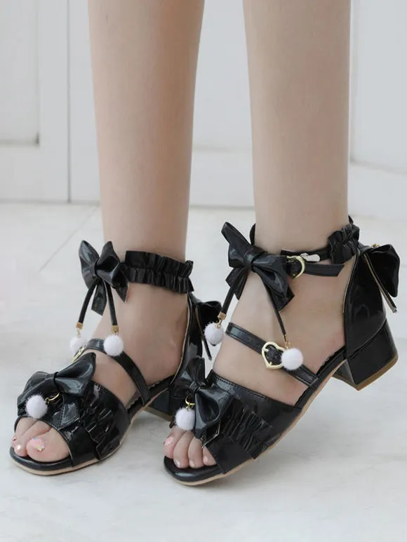 ROCOCO Style Lolita Sandals Ecru White Bows Pleated PU Leather Square Toe Lolita Summer Shoes