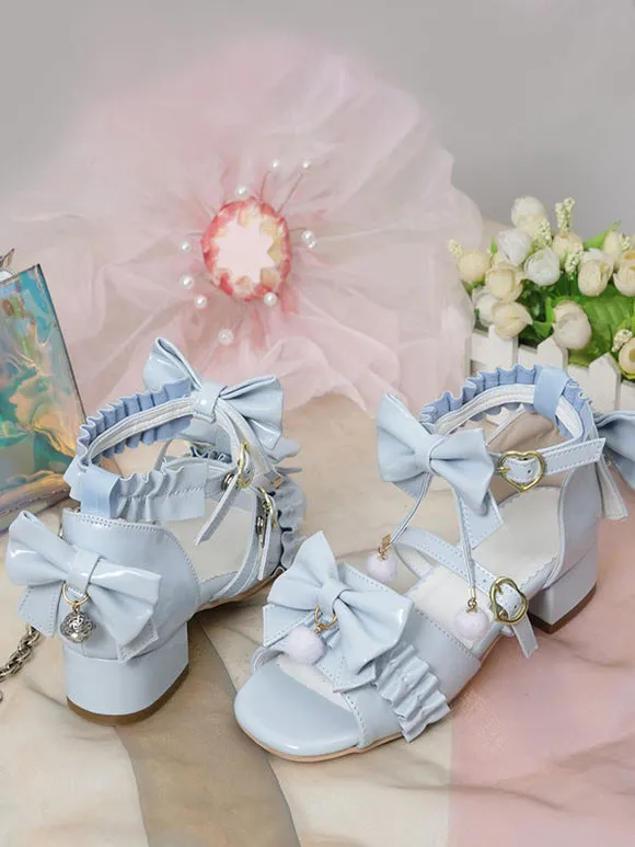 ROCOCO Style Lolita Sandals Ecru White Bows Pleated PU Leather Square Toe Lolita Summer Shoes