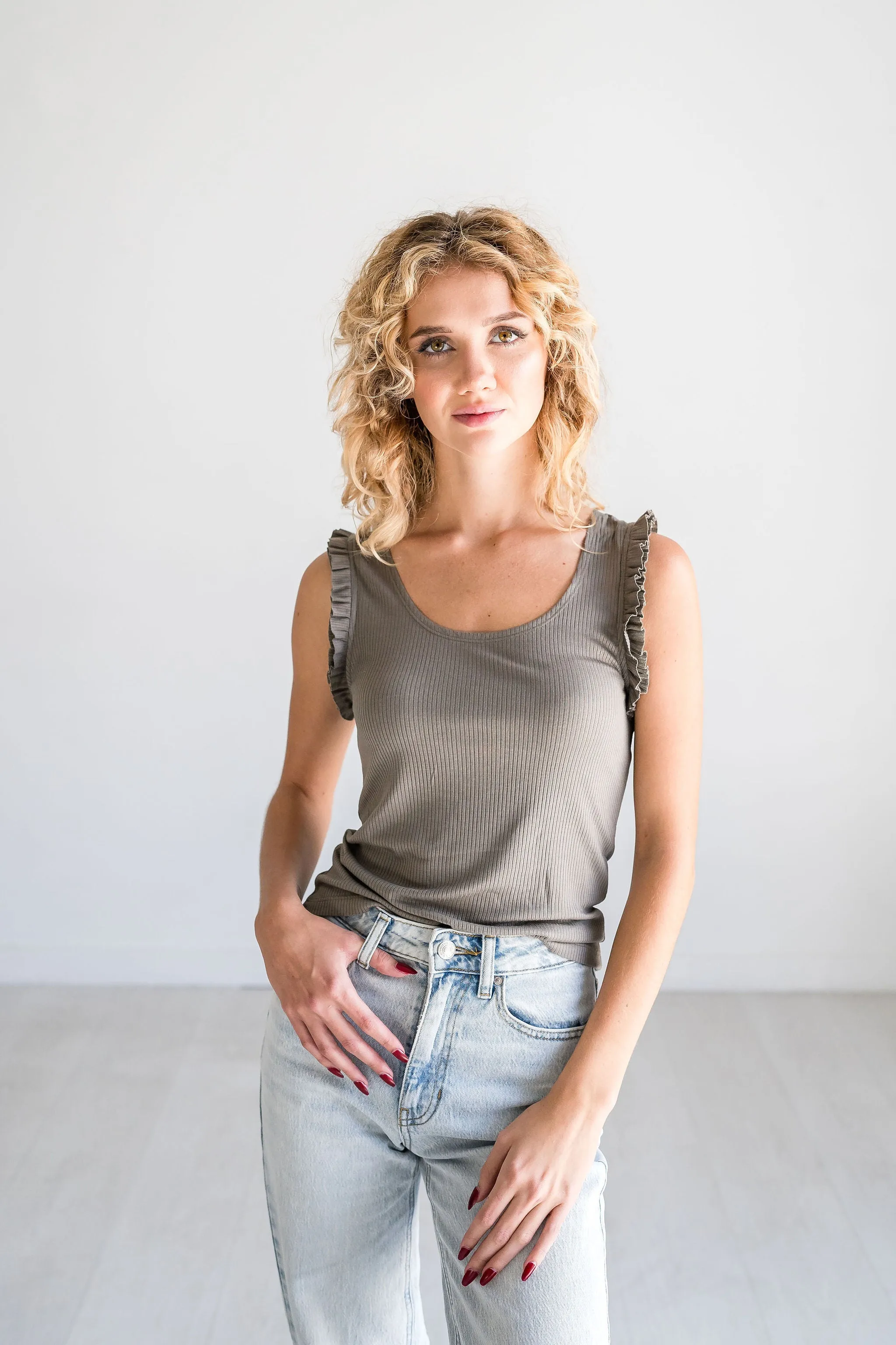 Sage Green Ruffle Tank Top