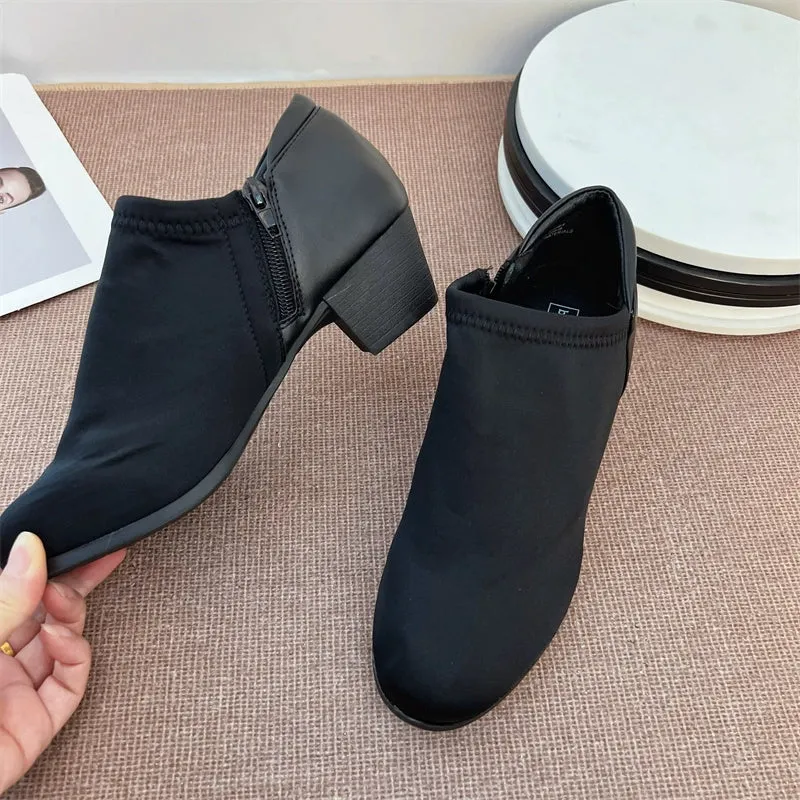 Satin Surface Deep Mouth Flats Export [Handmade Shoes Comfortable Ceiling] plus Size Patchwork round Head Chunky Heel Ankle Boots