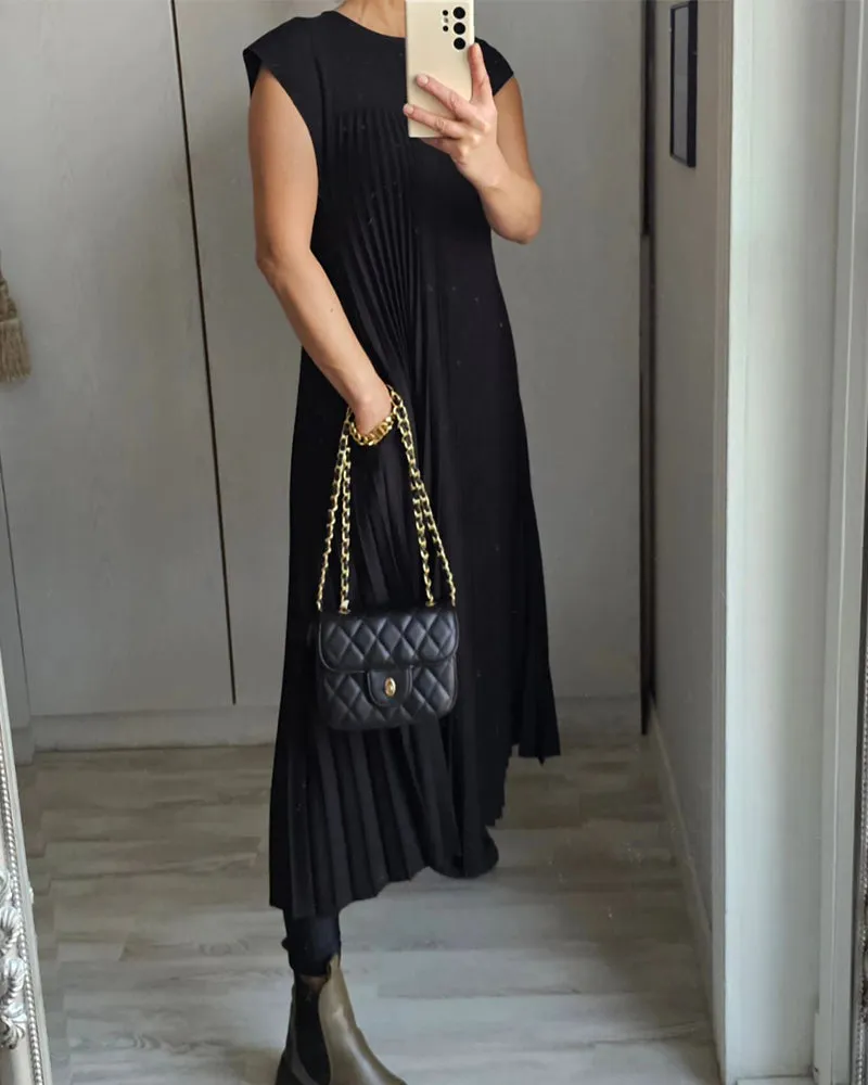🔥Sleeveless pleated simple solid colour dress