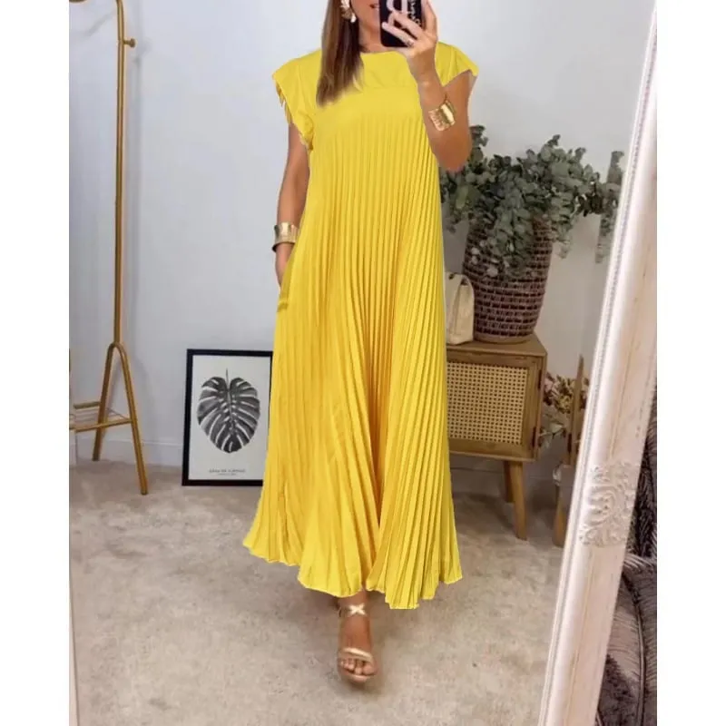 🔥Sleeveless pleated simple solid colour dress