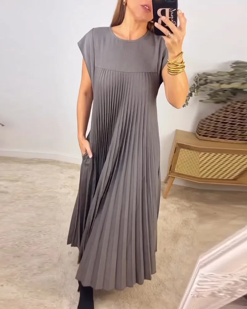 🔥Sleeveless pleated simple solid colour dress