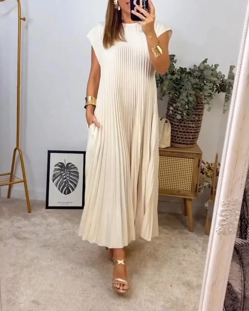 🔥Sleeveless pleated simple solid colour dress