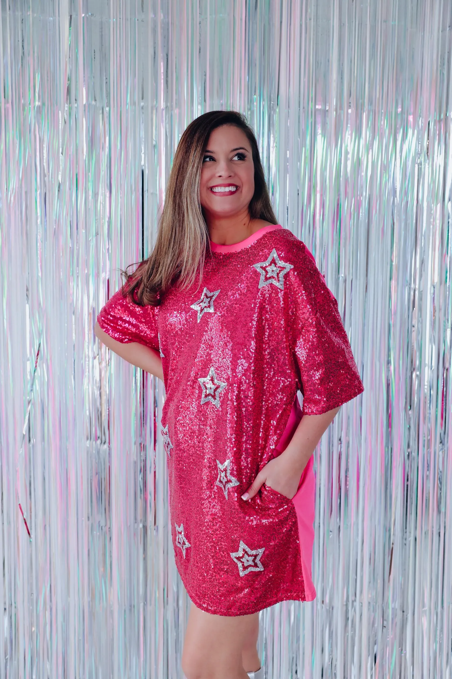 Stellar Style Sequin T-shirt Dress - Pink