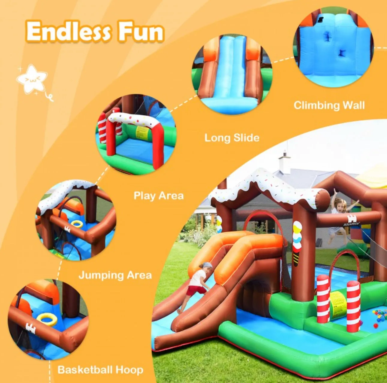 Super Cool Fun Kids Inflatable Bouncy House Jumping Castle Slide Climber Bouncer With 550W Blower | Holds 120Kg | Kids Party | Camping | Climbing Wall | Basketball Hoop