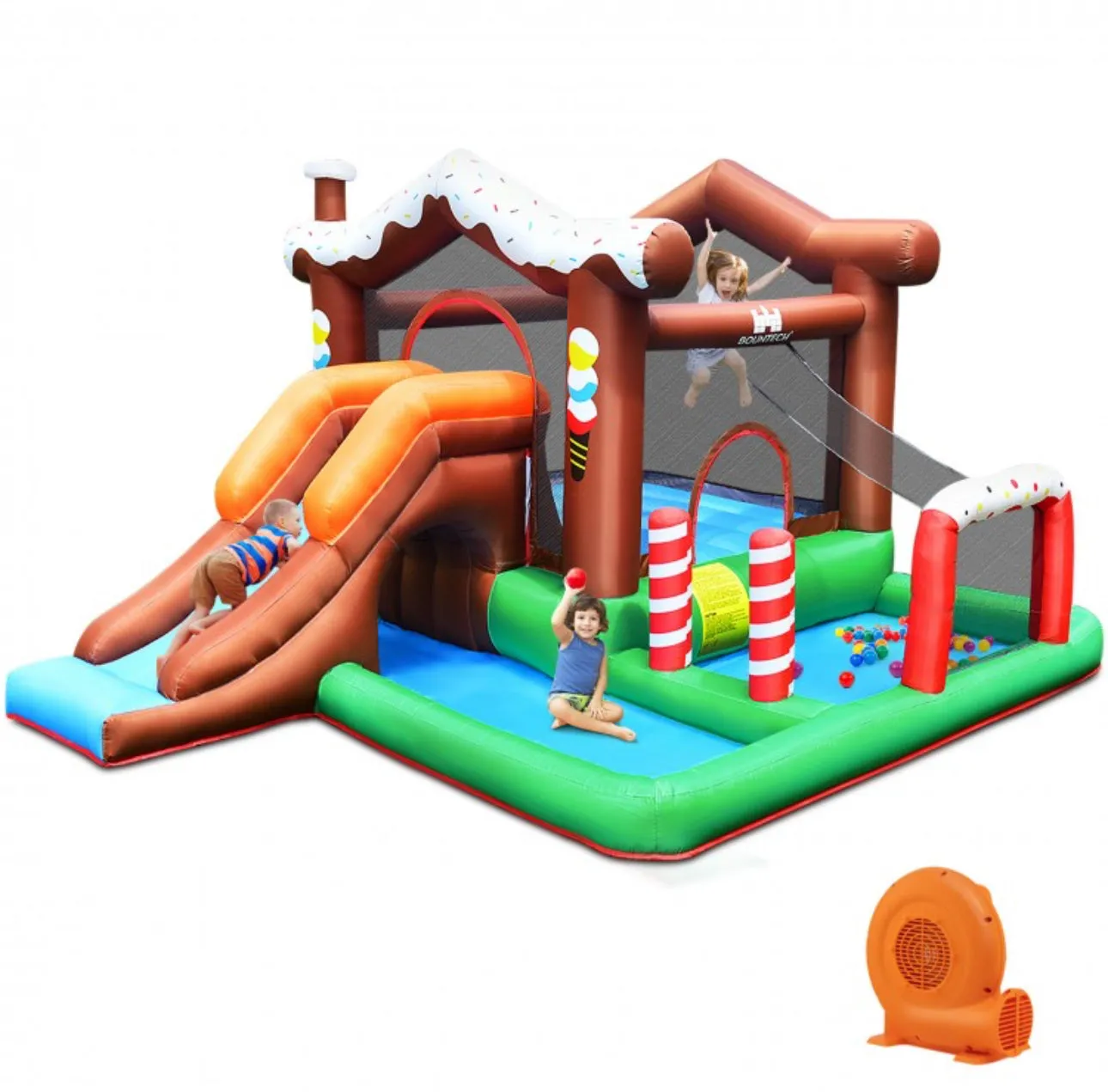 Super Cool Fun Kids Inflatable Bouncy House Jumping Castle Slide Climber Bouncer With 550W Blower | Holds 120Kg | Kids Party | Camping | Climbing Wall | Basketball Hoop