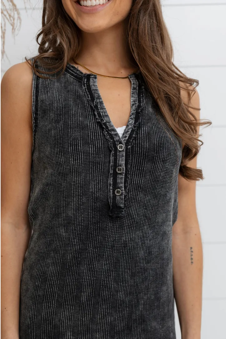Washed Ribbed Sleeveless Henley Dress