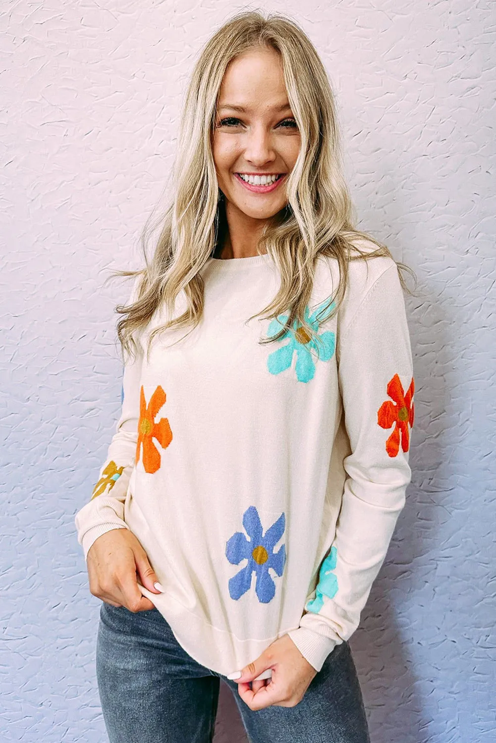 White Sweet Floral Pullover Sweater