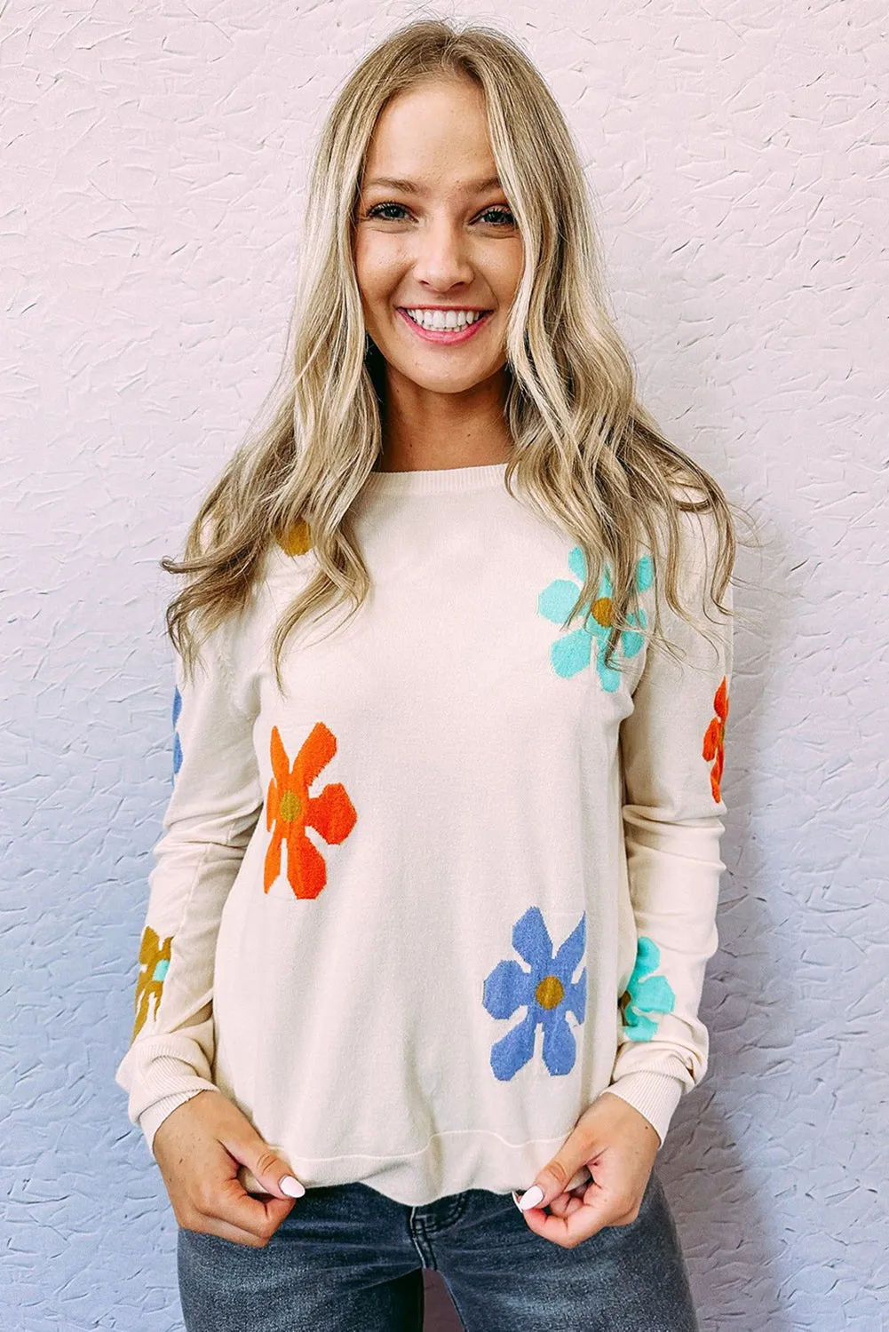 White Sweet Floral Pullover Sweater
