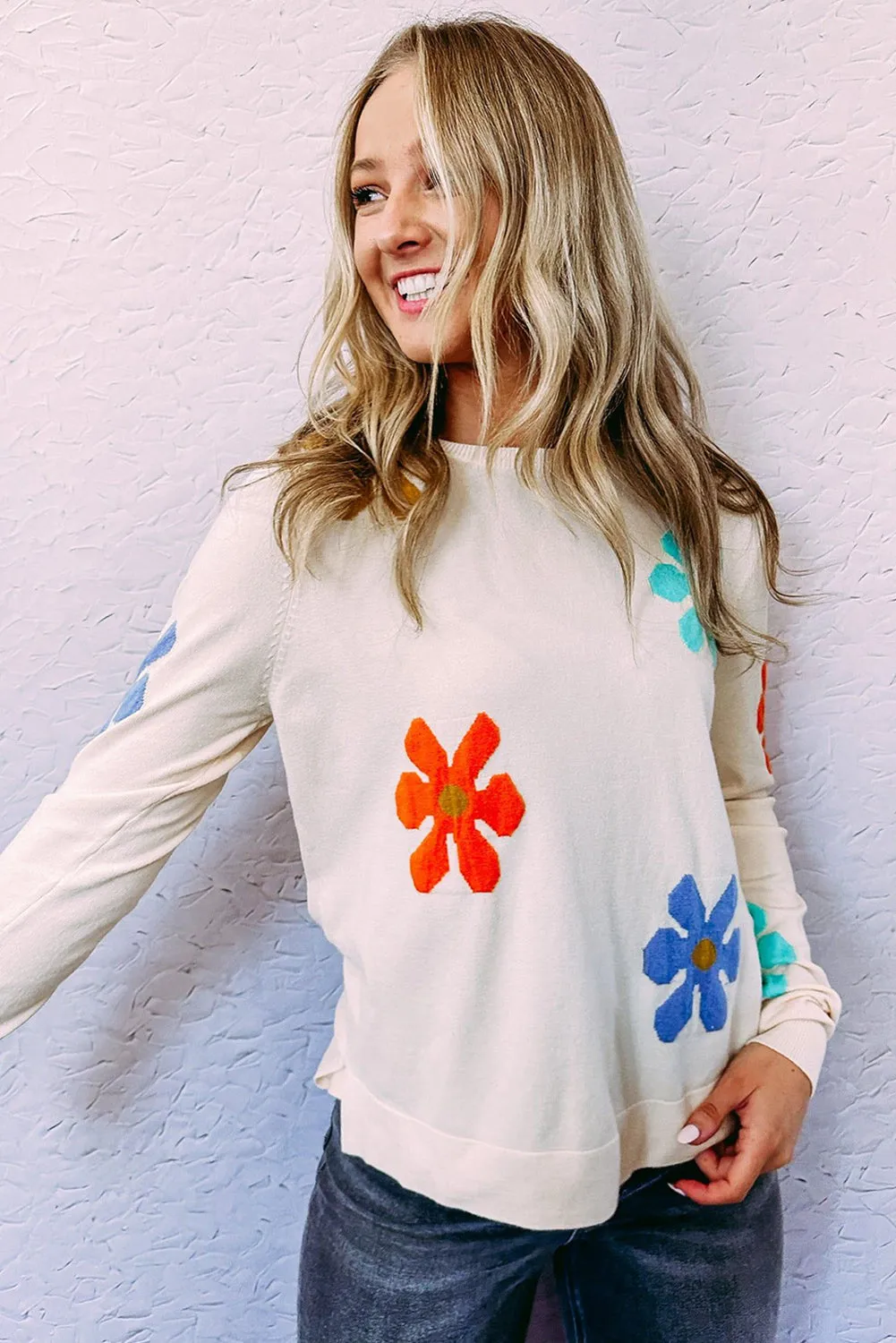 White Sweet Floral Pullover Sweater