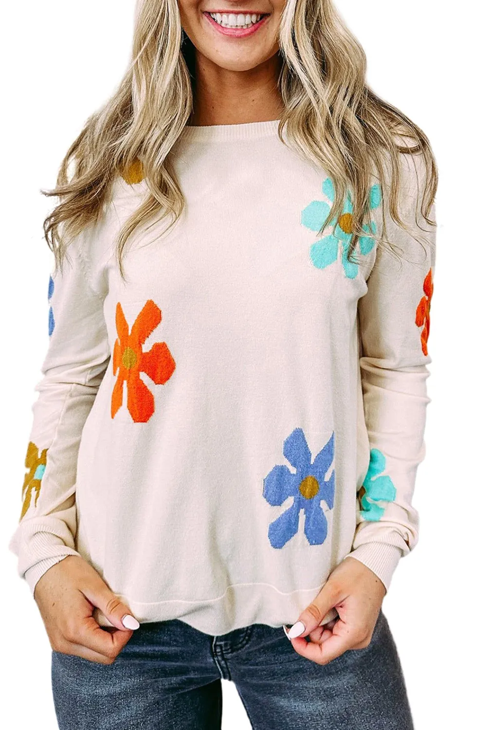 White Sweet Floral Pullover Sweater